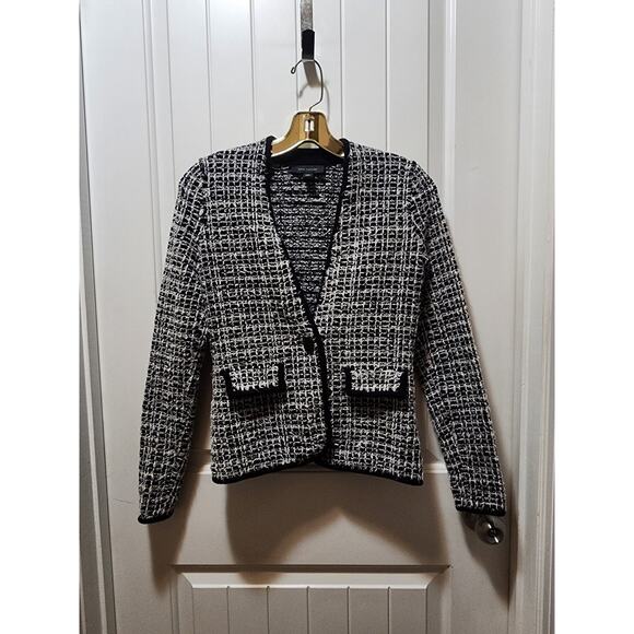 Ann Taylor Sweaters - Ann Taylor Tweed Cardigan Black White Silver Shimmer Women's Size XXS